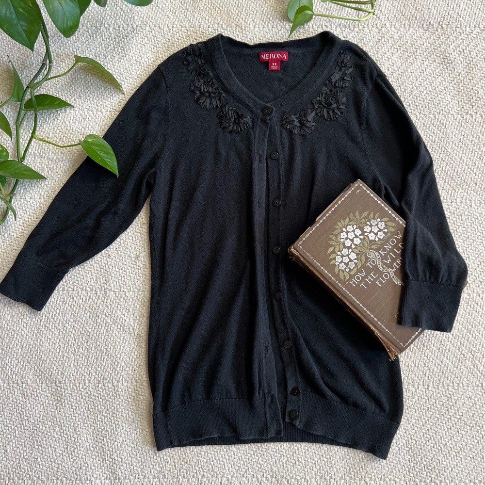 Black Cotton Half Sleeve Feminine Cardigan Knit Sweater XS